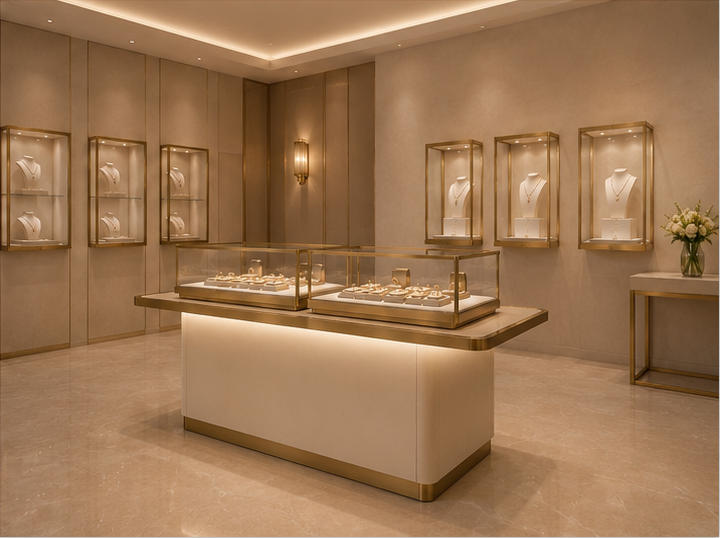 Double Glass-Top Jewelry Display Island Counter | Dual Showcase 10 Double glass-top jewelry display island counter in boutique setting
